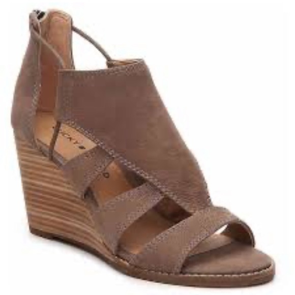 Lucky Brand Joellen Wedge Sandals Women's Taupe Suede Cut Out Detail Size 10 - Picture 1 of 11